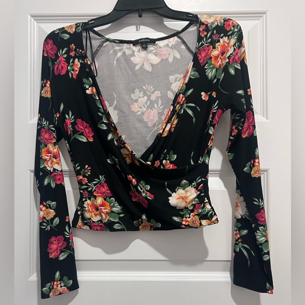 Ambiance Black Floral faux Wrap Blouse